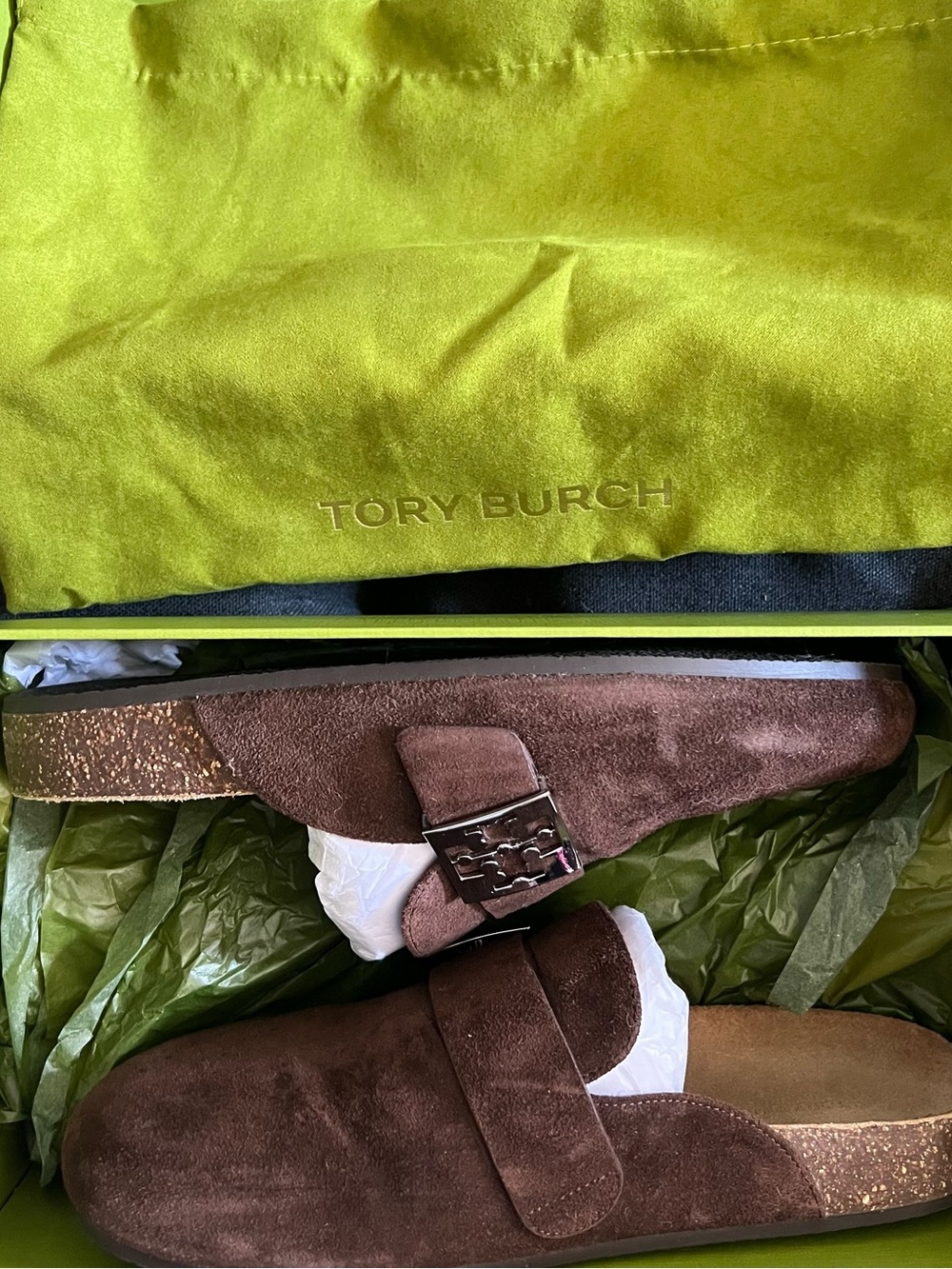 Tory Burch Mellow Mule - Dark Cocoa / Silver, size 7.5